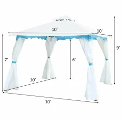 Tangkula 10 x 10 ft Patio Steel Gazebo, Outdoor Canopy Gazebo with Side Walls, Zippers, 2 Tier Vented Roof, Blue Trimming