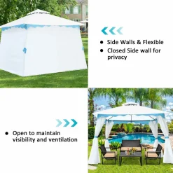 Tangkula 10 x 10 ft Patio Steel Gazebo, Outdoor Canopy Gazebo with Side Walls, Zippers, 2 Tier Vented Roof, Blue Trimming