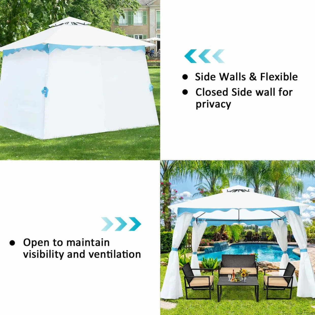 Tangkula 10 x 10 ft Patio Steel Gazebo, Outdoor Canopy Gazebo with Side Walls, Zippers, 2 Tier Vented Roof, Blue Trimming