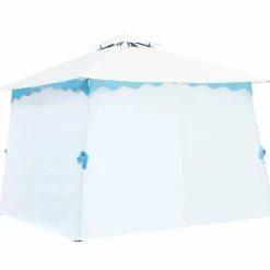 Tangkula 10 x 10 ft Patio Steel Gazebo, Outdoor Canopy Gazebo with Side Walls, Zippers, 2 Tier Vented Roof, Blue Trimming