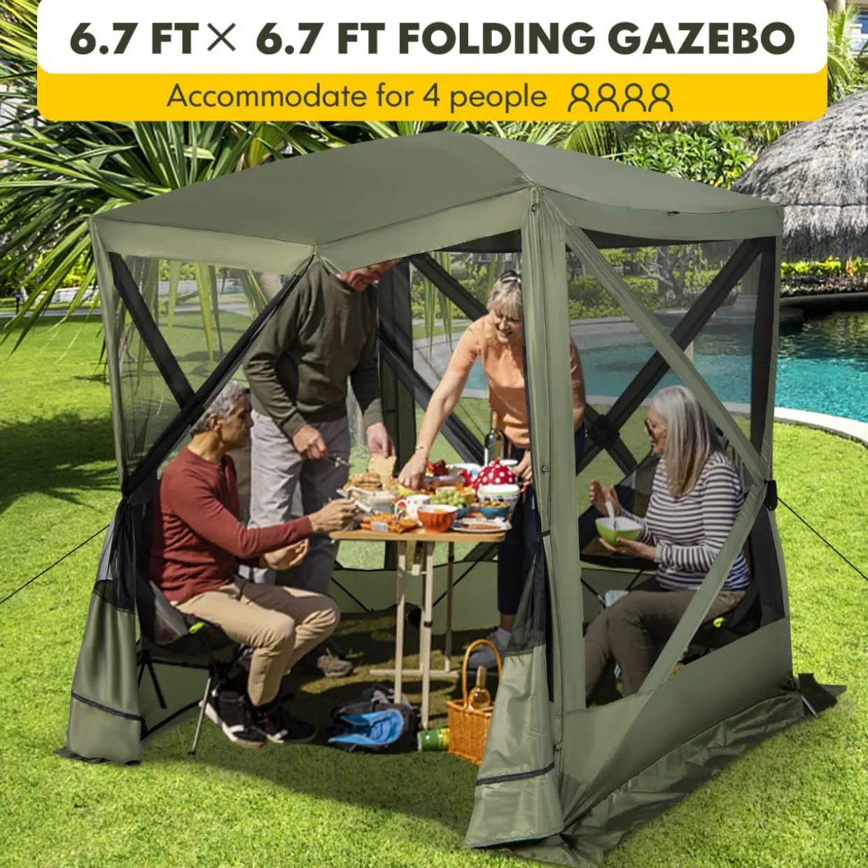 Tangkula 6.7 x 6.7 Ft Pop Up Gazebo with Netting, Portable Screen Tent with 4 Sided Mesh Walls