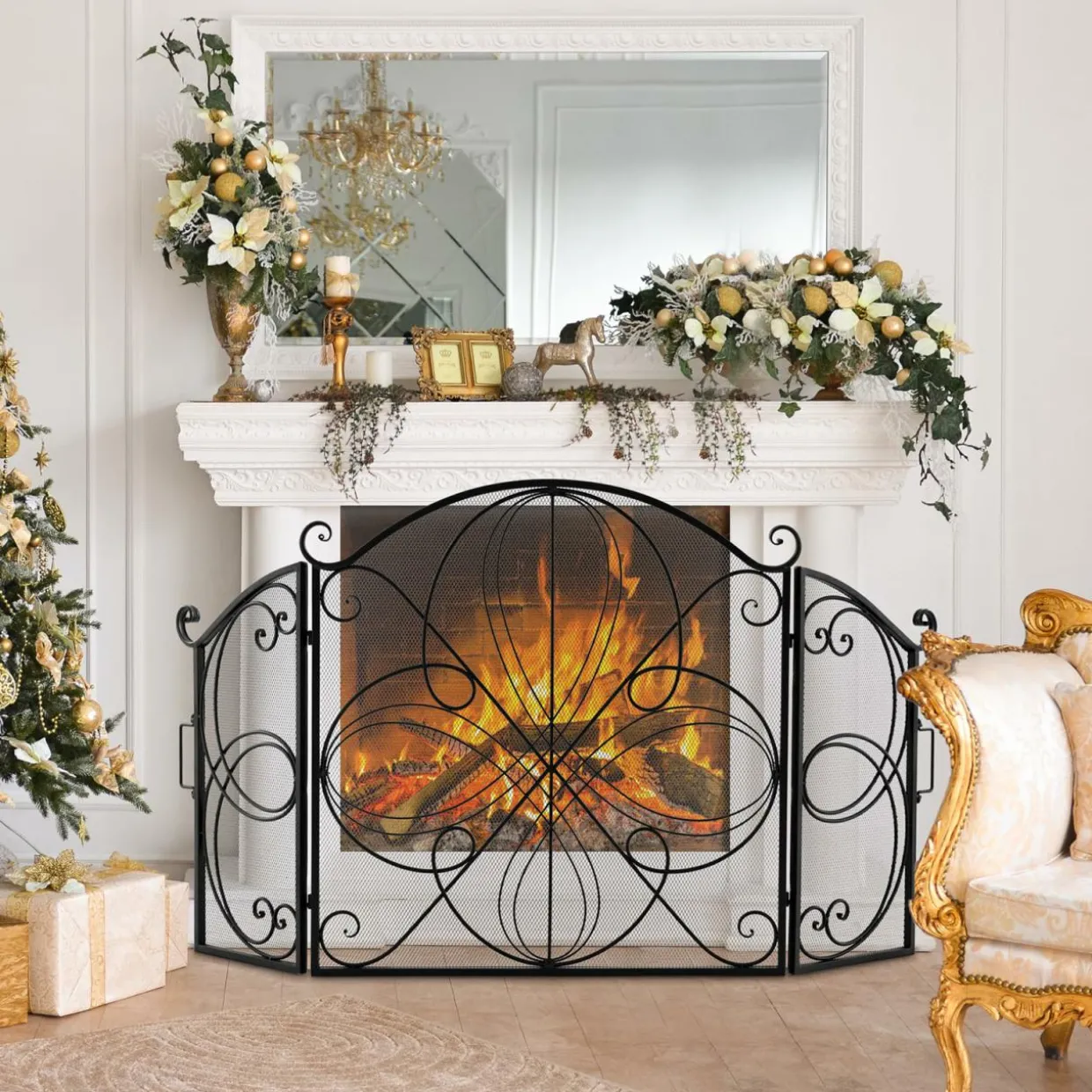 Tangkula 59.5 x 32.5 Inch Fireplace Screen, 3-Panel Folding Spark Guard w/Floral Pattern