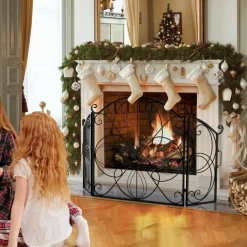 Tangkula 59.5 x 32.5 Inch Fireplace Screen, 3-Panel Folding Spark Guard w/Floral Pattern