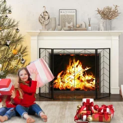 Tangkula 52 x 31 Inch Fireplace Screen, 3-Panel Folding Spark Guard w/Chevron Herringbone Pattern