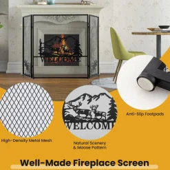Tangkula 52 x 31 Inch Fireplace Screen, 3-Panel Folding Spark Guard w/Natural Scenery & Moose Pattern