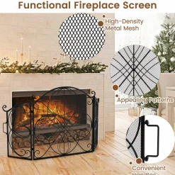 Tangkula 59.5 x 32.5 Inch Fireplace Screen, 3-Panel Folding Spark Guard w/Floral Pattern