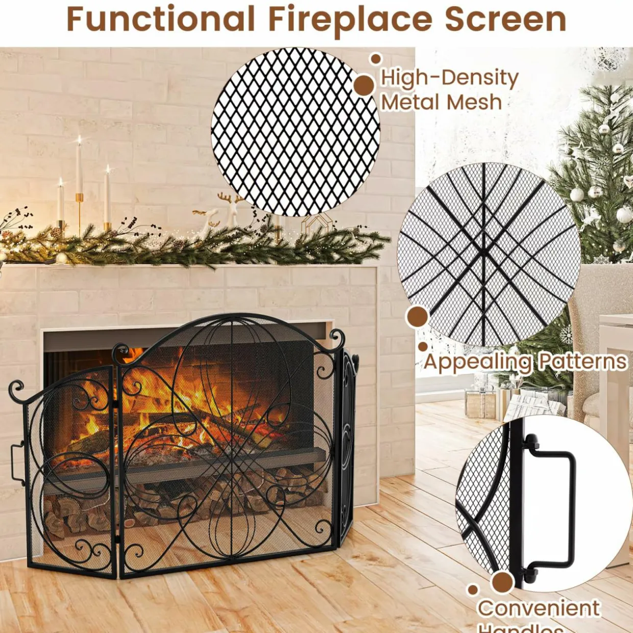 Tangkula 59.5 x 32.5 Inch Fireplace Screen, 3-Panel Folding Spark Guard w/Floral Pattern