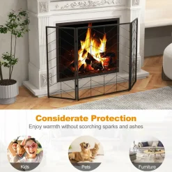 Tangkula 52 x 31 Inch Fireplace Screen, 3-Panel Folding Spark Guard w/Chevron Herringbone Pattern