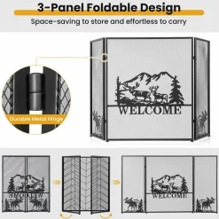 Tangkula 52 x 31 Inch Fireplace Screen, 3-Panel Folding Spark Guard w/Natural Scenery & Moose Pattern