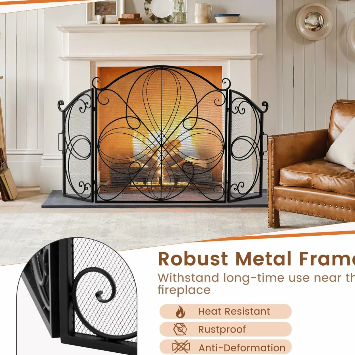 Tangkula 59.5 x 32.5 Inch Fireplace Screen, 3-Panel Folding Spark Guard w/Floral Pattern