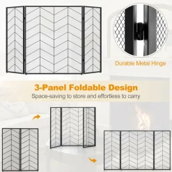 Tangkula 52 x 31 Inch Fireplace Screen, 3-Panel Folding Spark Guard w/Chevron Herringbone Pattern