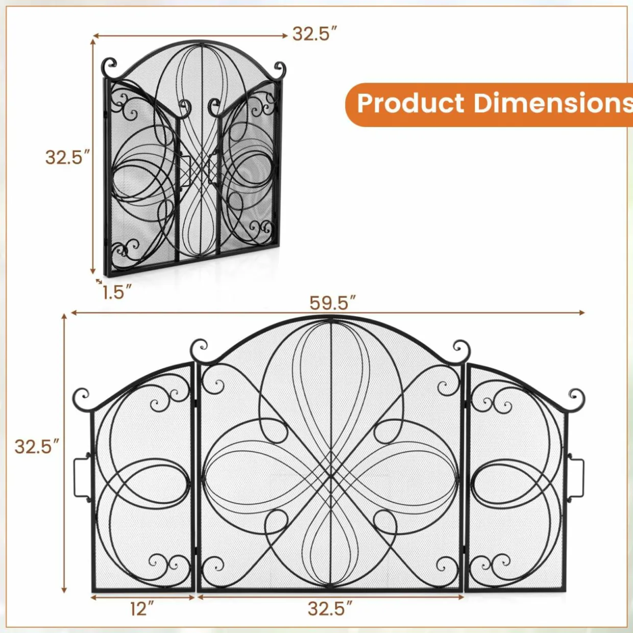 Tangkula 59.5 x 32.5 Inch Fireplace Screen, 3-Panel Folding Spark Guard w/Floral Pattern