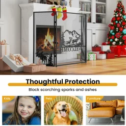 Tangkula 52 x 31 Inch Fireplace Screen, 3-Panel Folding Spark Guard w/Natural Scenery & Moose Pattern
