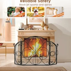 Tangkula 59.5 x 32.5 Inch Fireplace Screen, 3-Panel Folding Spark Guard w/Floral Pattern