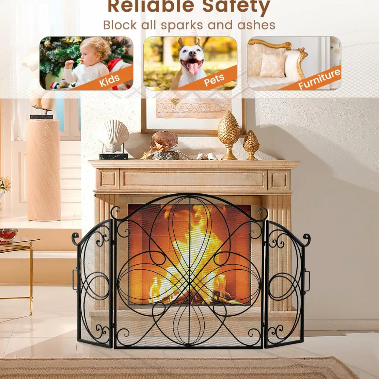 Tangkula 59.5 x 32.5 Inch Fireplace Screen, 3-Panel Folding Spark Guard w/Floral Pattern