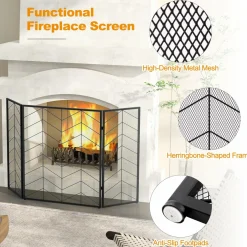 Tangkula 52 x 31 Inch Fireplace Screen, 3-Panel Folding Spark Guard w/Chevron Herringbone Pattern