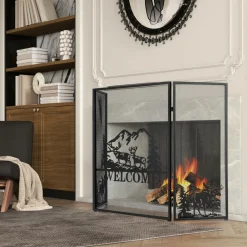 Tangkula 52 x 31 Inch Fireplace Screen, 3-Panel Folding Spark Guard w/Natural Scenery & Moose Pattern