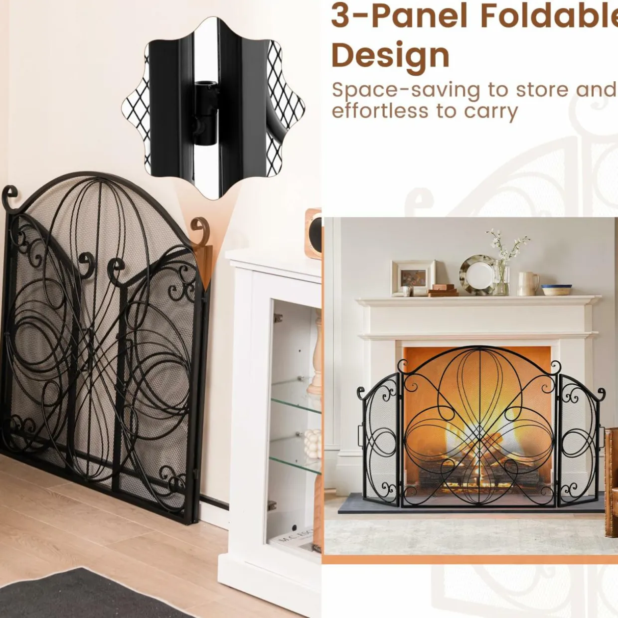 Tangkula 59.5 x 32.5 Inch Fireplace Screen, 3-Panel Folding Spark Guard w/Floral Pattern