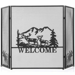 Tangkula 52 x 31 Inch Fireplace Screen, 3-Panel Folding Spark Guard w/Natural Scenery & Moose Pattern