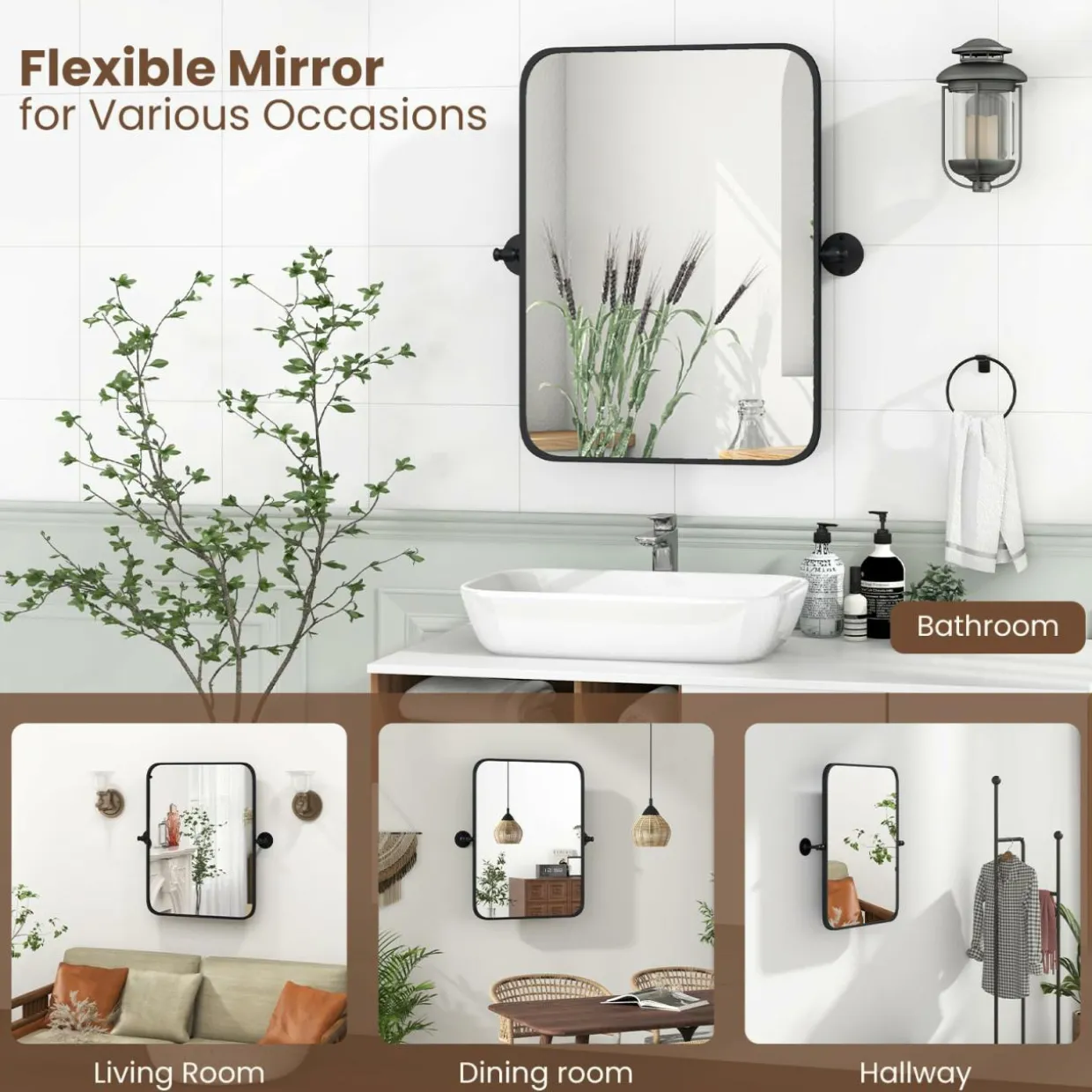 Tangkula 30 x 22 Inch Pivot Wall-Mounted Mirror, Tilting Bathroom Mirror w/Shatter-Proof Film