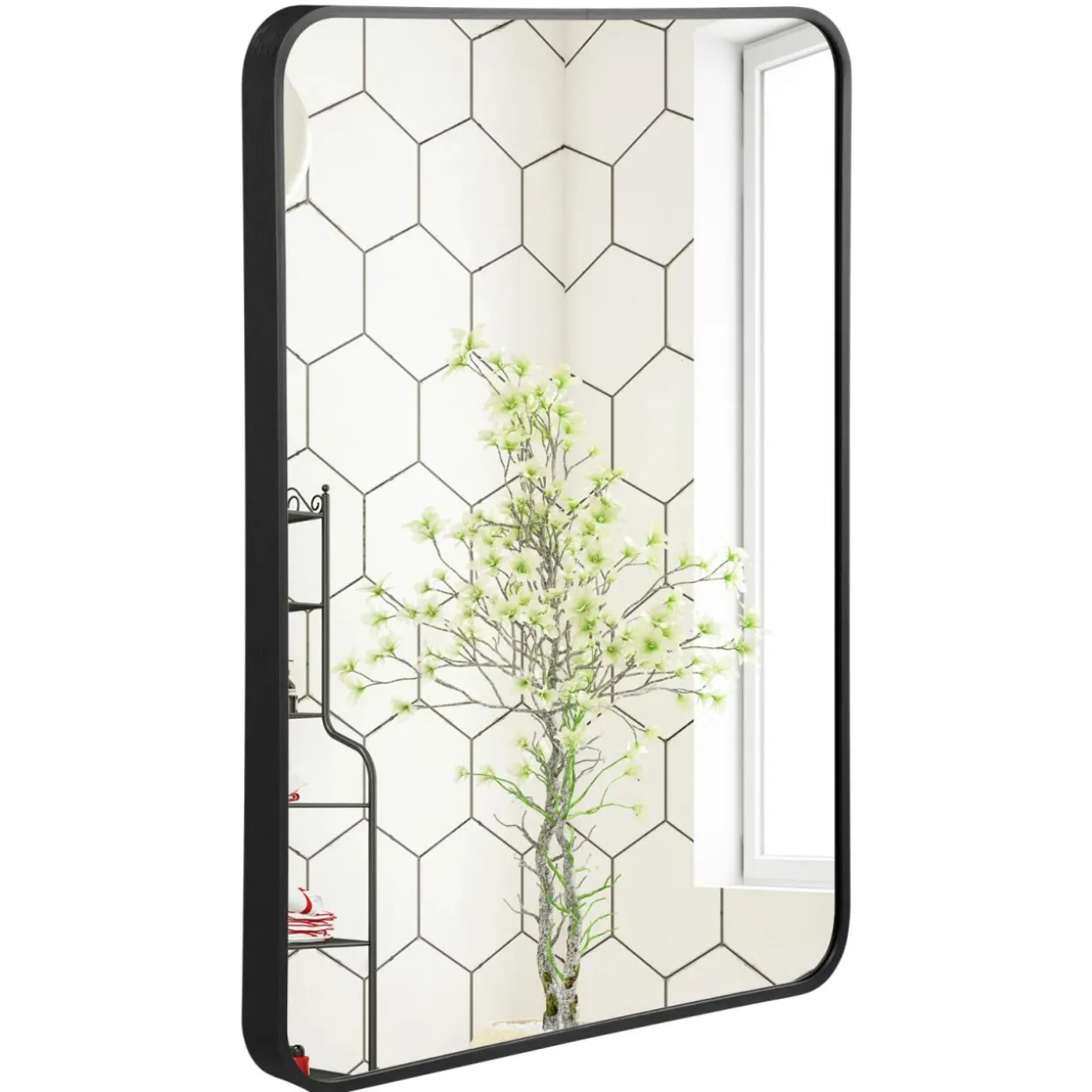 Tangkula 30 x 22 Inch Wall Mirror for Bathroom, Aluminum Alloy Matte Framed Round Corner Hangs Mirror
