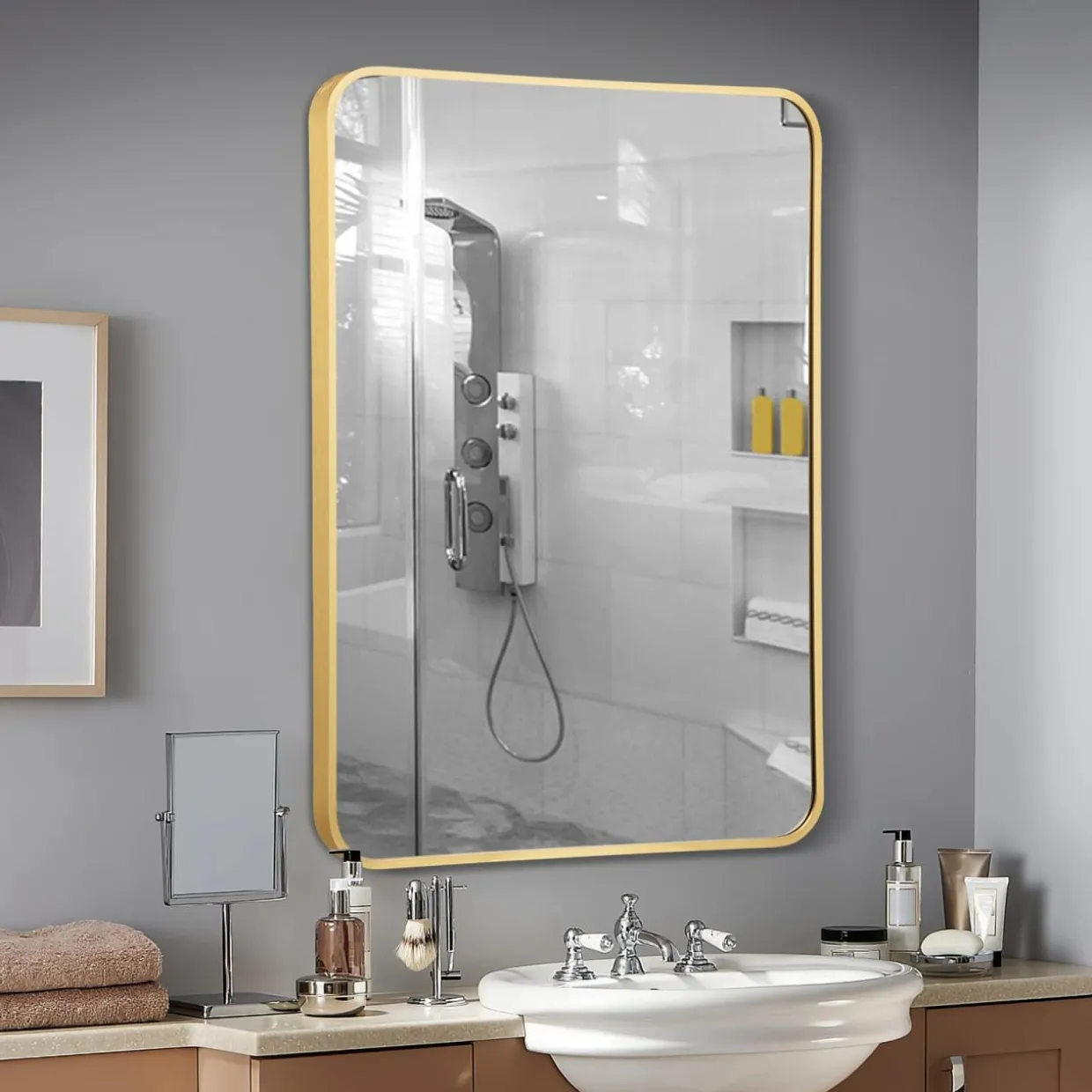 Tangkula 30 x 22 Inch Wall Mirror for Bathroom, Aluminum Alloy Matte Framed Round Corner Hangs Mirror