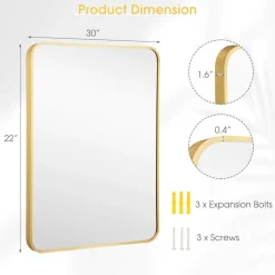 Tangkula 30 x 22 Inch Wall Mirror for Bathroom, Aluminum Alloy Matte Framed Round Corner Hangs Mirror