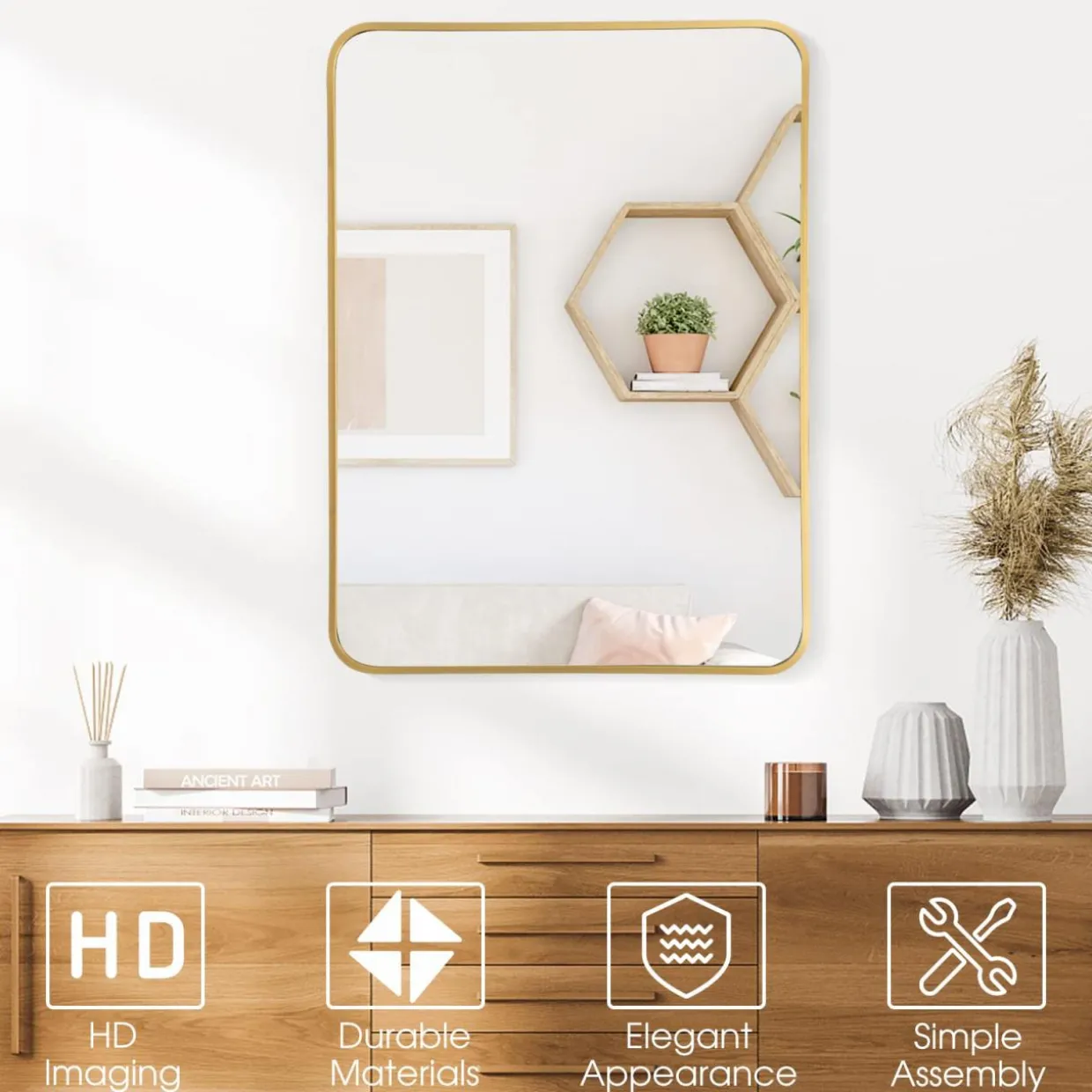 Tangkula 30 x 22 Inch Wall Mirror for Bathroom, Aluminum Alloy Matte Framed Round Corner Hangs Mirror
