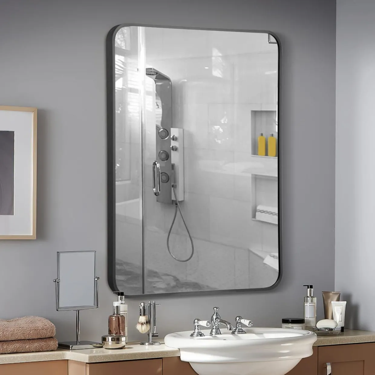 Tangkula 30 x 22 Inch Wall Mirror for Bathroom, Aluminum Alloy Matte Framed Round Corner Hangs Mirror