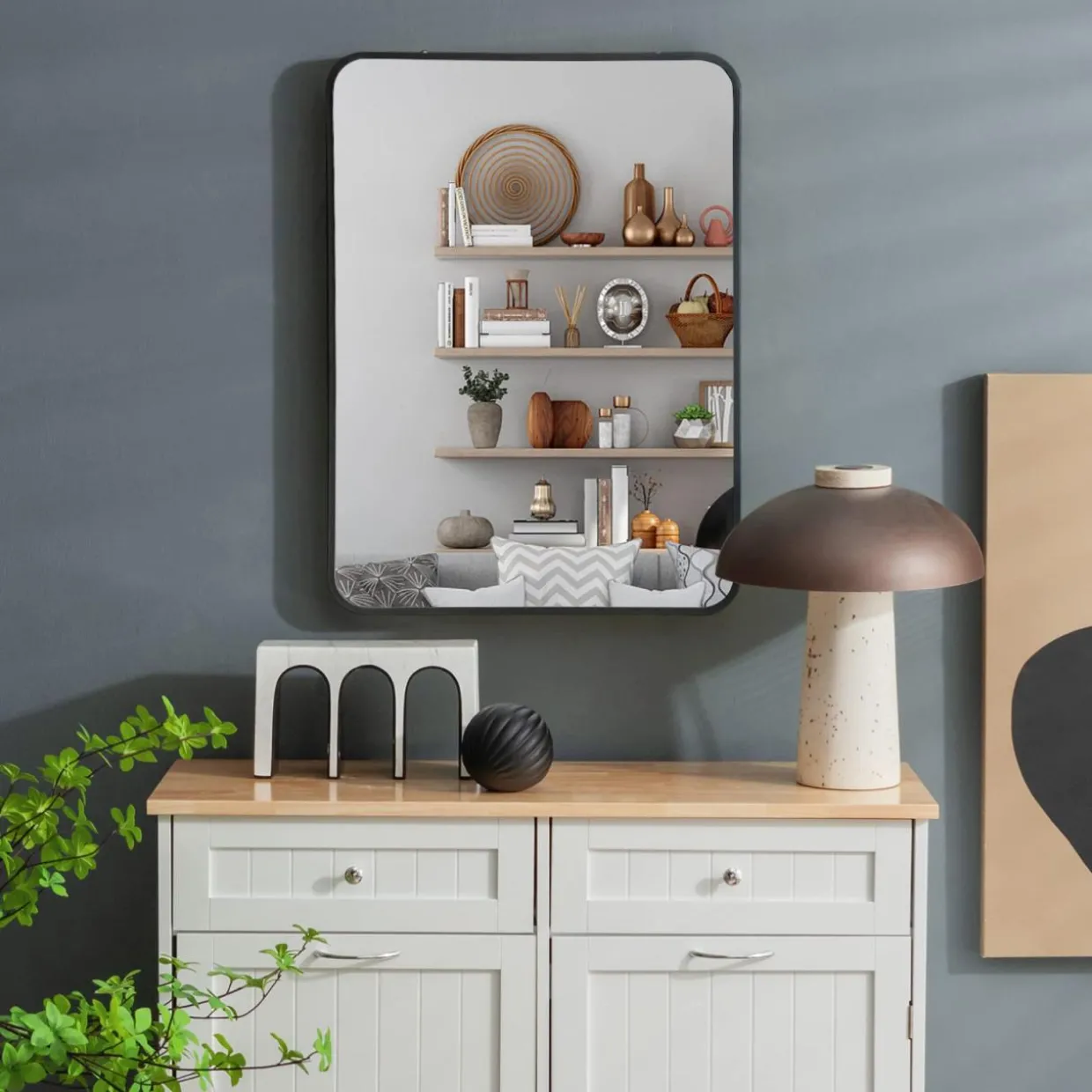 Tangkula 30 x 22 Inch Wall Mirror for Bathroom, Aluminum Alloy Matte Framed Round Corner Hangs Mirror