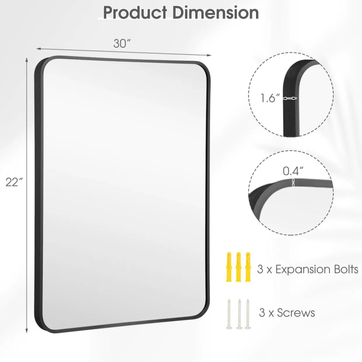 Tangkula 30 x 22 Inch Wall Mirror for Bathroom, Aluminum Alloy Matte Framed Round Corner Hangs Mirror