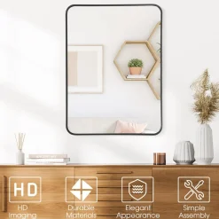 Tangkula 30 x 22 Inch Wall Mirror for Bathroom, Aluminum Alloy Matte Framed Round Corner Hangs Mirror