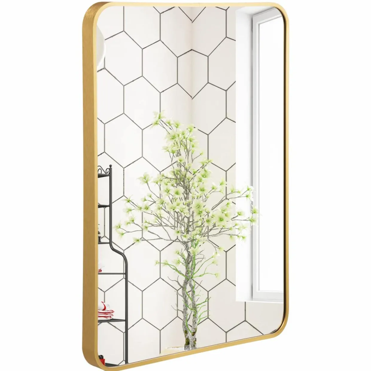 Tangkula 30 x 22 Inch Wall Mirror for Bathroom, Aluminum Alloy Matte Framed Round Corner Hangs Mirror