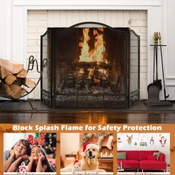 Tangkula 50 x 31 Inches 3-Panel Heat-Resistant Metal Mesh Fireplace Screen