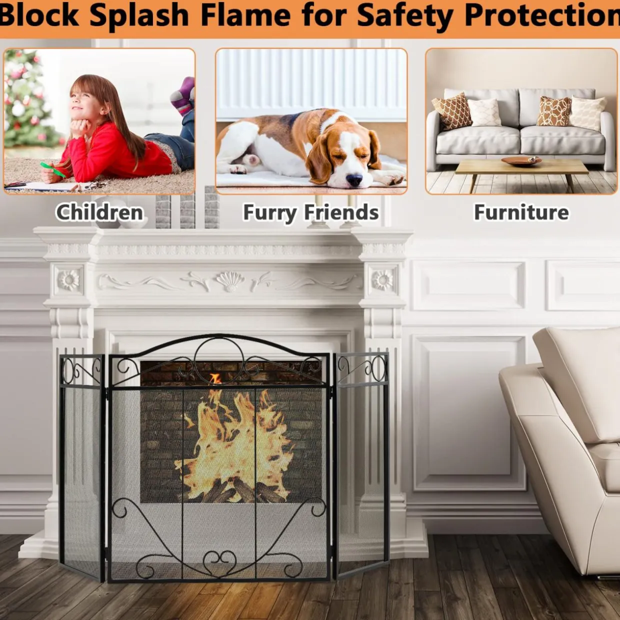 Tangkula 50 x 29 Inches 3-Panel Heat-Resistant Metal Mesh Fireplace Screen