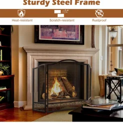 Tangkula 50 x 31 Inches 3-Panel Heat-Resistant Metal Mesh Fireplace Screen