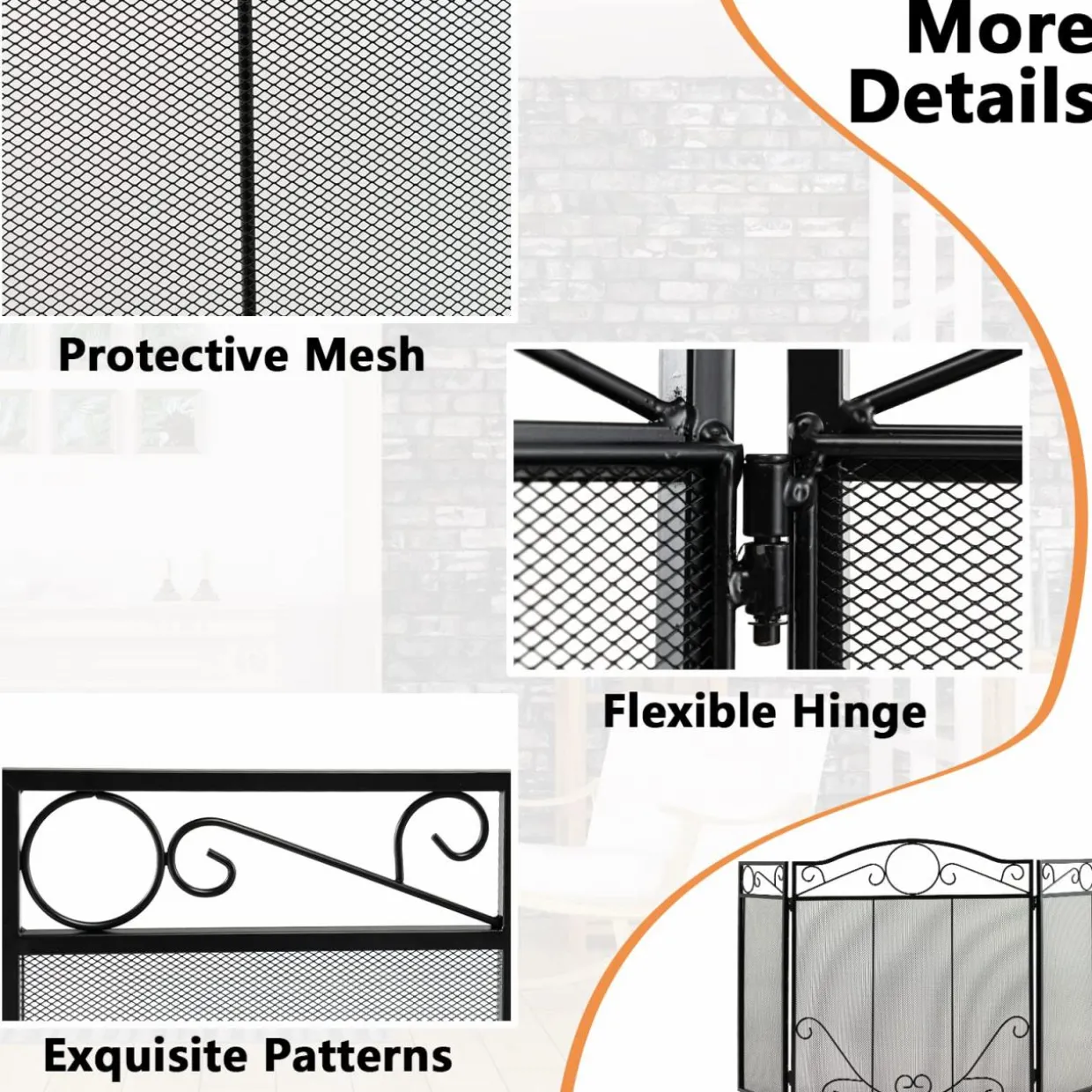 Tangkula 50 x 29 Inches 3-Panel Heat-Resistant Metal Mesh Fireplace Screen