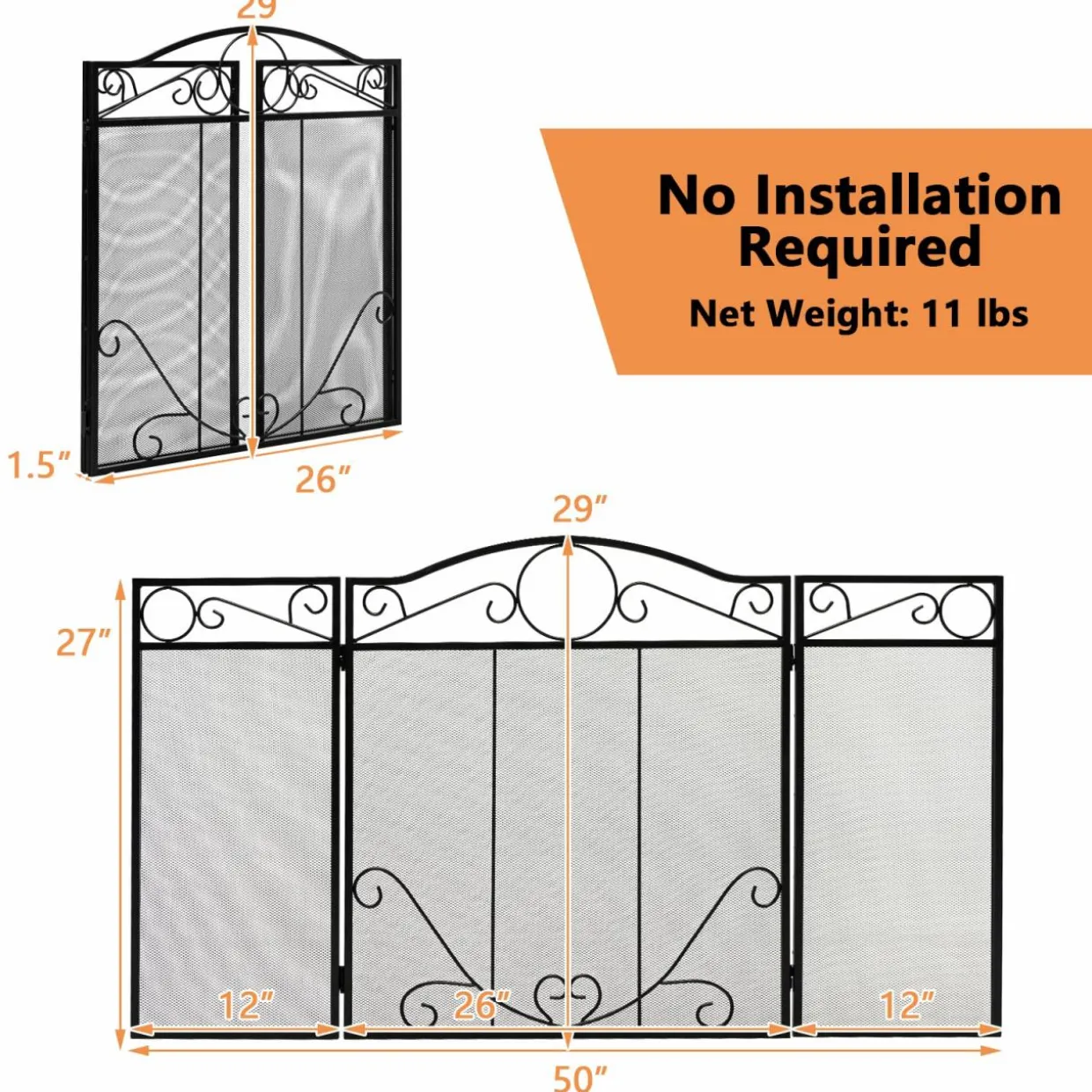 Tangkula 50 x 29 Inches 3-Panel Heat-Resistant Metal Mesh Fireplace Screen