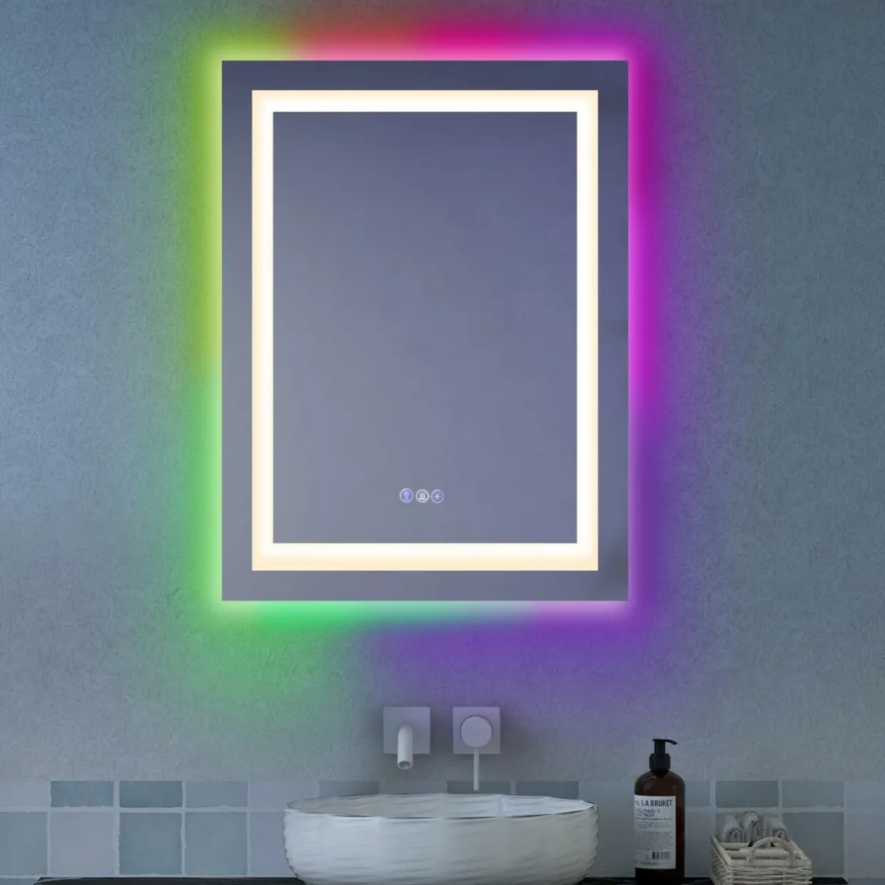 Tangkula 32" x 24" LED Bathroom Wall Mirror, RGB Backlit Dimmable Vanity Makeup Mirror