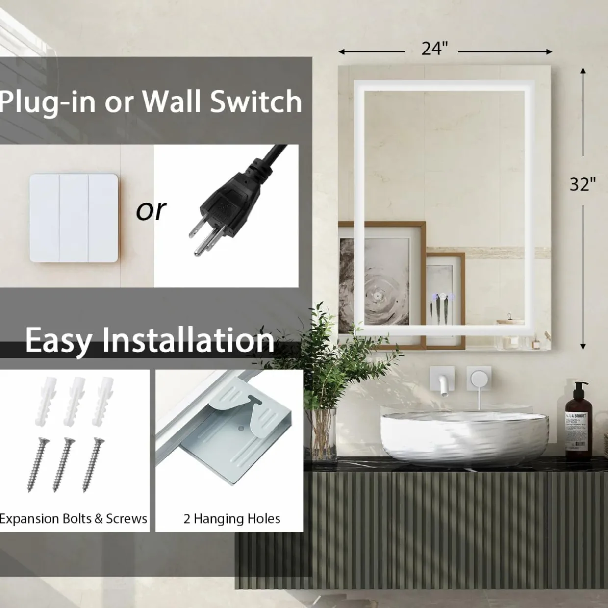Tangkula 32" x 24" LED Bathroom Wall Mirror, RGB Backlit Dimmable Vanity Makeup Mirror