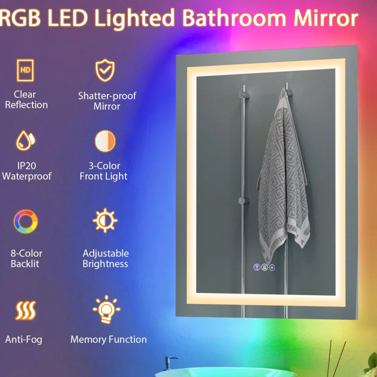 Tangkula 32" x 24" LED Bathroom Wall Mirror, RGB Backlit Dimmable Vanity Makeup Mirror
