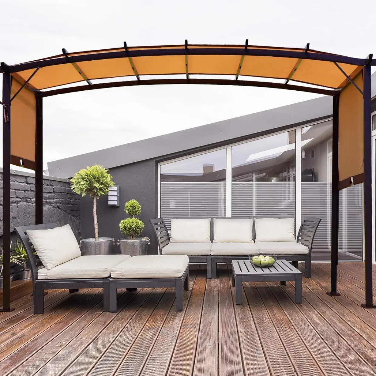 Tangkula 12' x 9' Pergola Gazebo Canopy Outdoor Patio Garden Steel Frame Sun Shelter with Retractable Canopy Shades