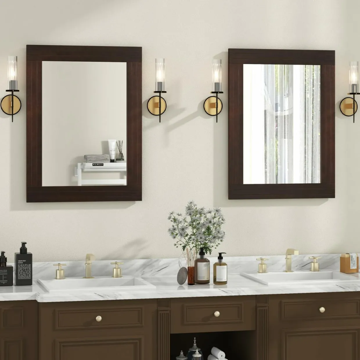 Tangkula 24" x 32" Wood Mirror for Wall, Wall Mounted Rectangular Decorative Mirror for Bathroom Living Room