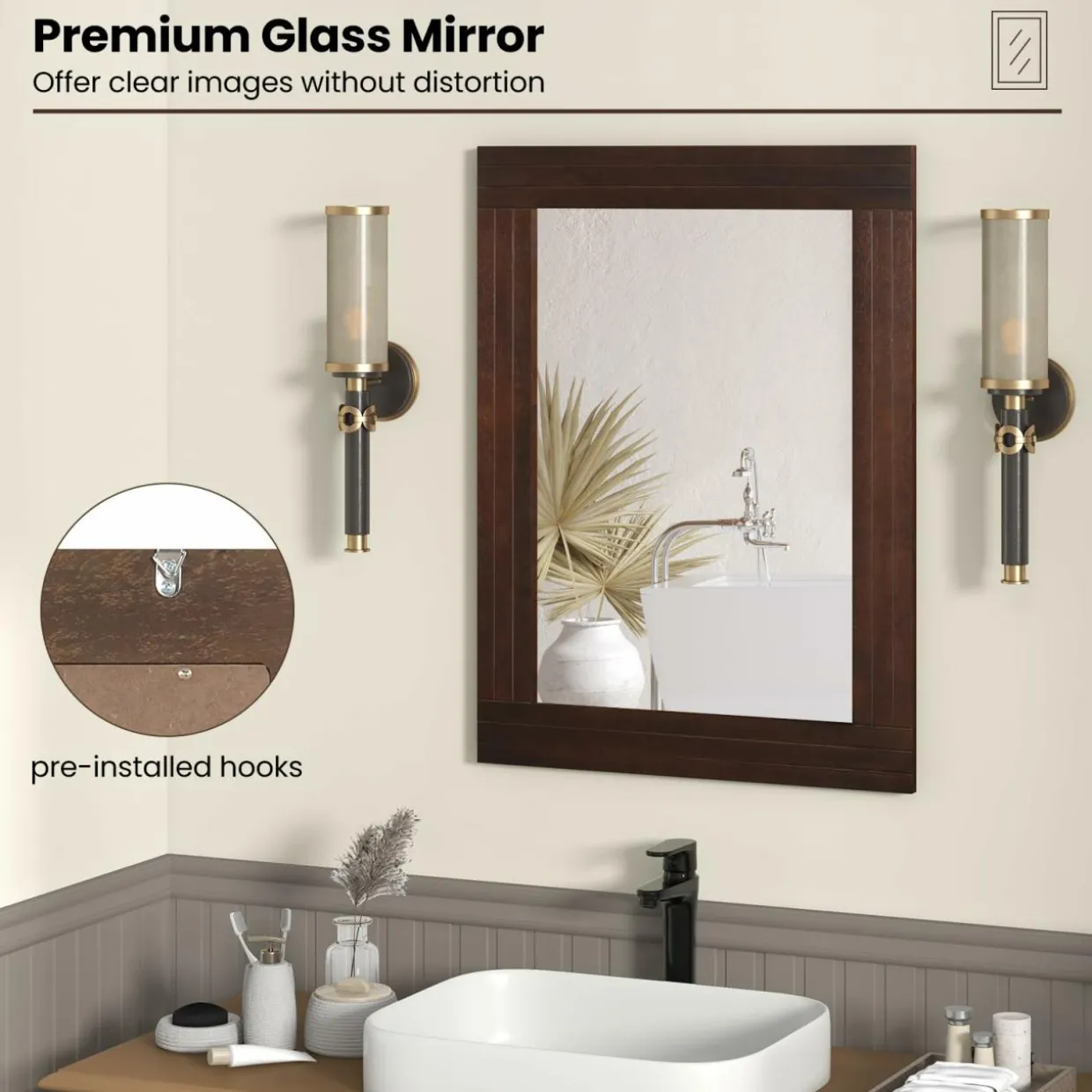 Tangkula 24" x 32" Wood Mirror for Wall, Wall Mounted Rectangular Decorative Mirror for Bathroom Living Room