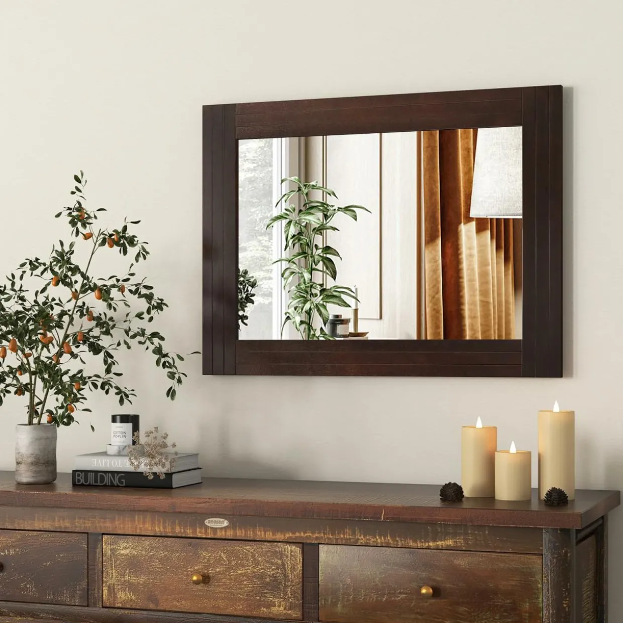 Tangkula 24" x 32" Wood Mirror for Wall, Wall Mounted Rectangular Decorative Mirror for Bathroom Living Room