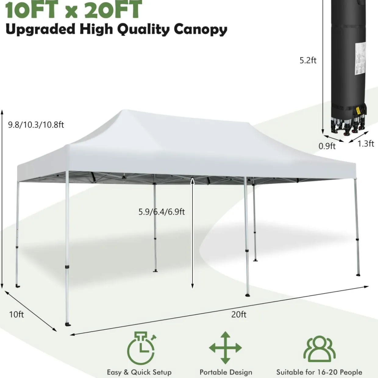 Tangkula 10 x 20Ft Pop-Up Canopy Tent, UPF 50+ Easy Setup Instant Canopy Tent with Wheeled Carrying Bag