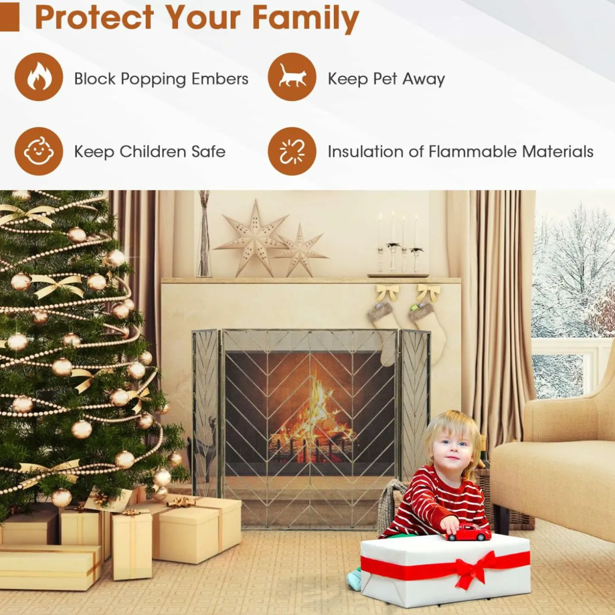 Tangkula 31 x 52.5In 3-Panel Fireplace Screen