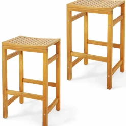 Tangkula Acacia Wood Bar Stool Set of 2, 30-Inch Height Bar Chair with Saddle Shaped Seat & Sturdy Footrest