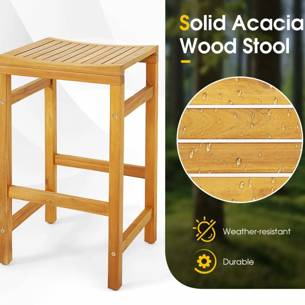 Tangkula Acacia Wood Bar Stool Set of 2, 30-Inch Height Bar Chair with Saddle Shaped Seat & Sturdy Footrest