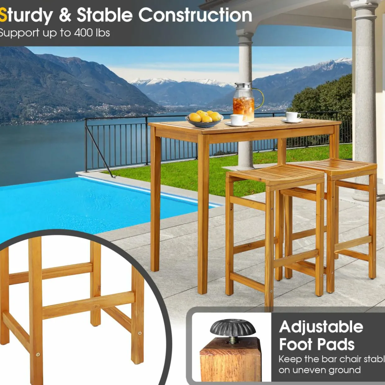 Tangkula Acacia Wood Bar Stool Set of 2, 30-Inch Height Bar Chair with Saddle Shaped Seat & Sturdy Footrest